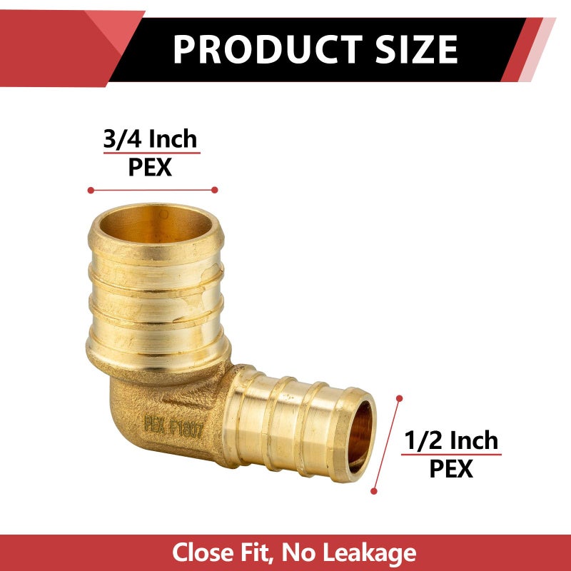 EFIELD (Pack of 5) EFIELD 3/4" Pex x 1/2" Pex Reducing Elbow Brass Crimp Fittings,(PEX1807063) - Image 2